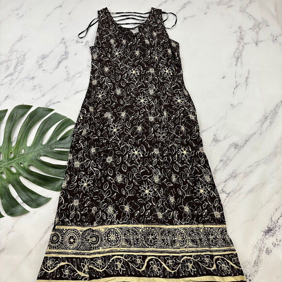 R&K Womens Vintage 90s Maxi Dress Size 14 Brown Cream Floral Button Trim Cottage - Picture 6 of 9